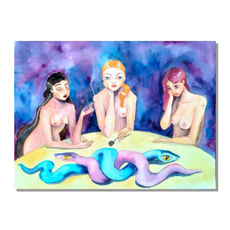Acuarela sobre papel- tres brujas meditan con serpiente enroscada