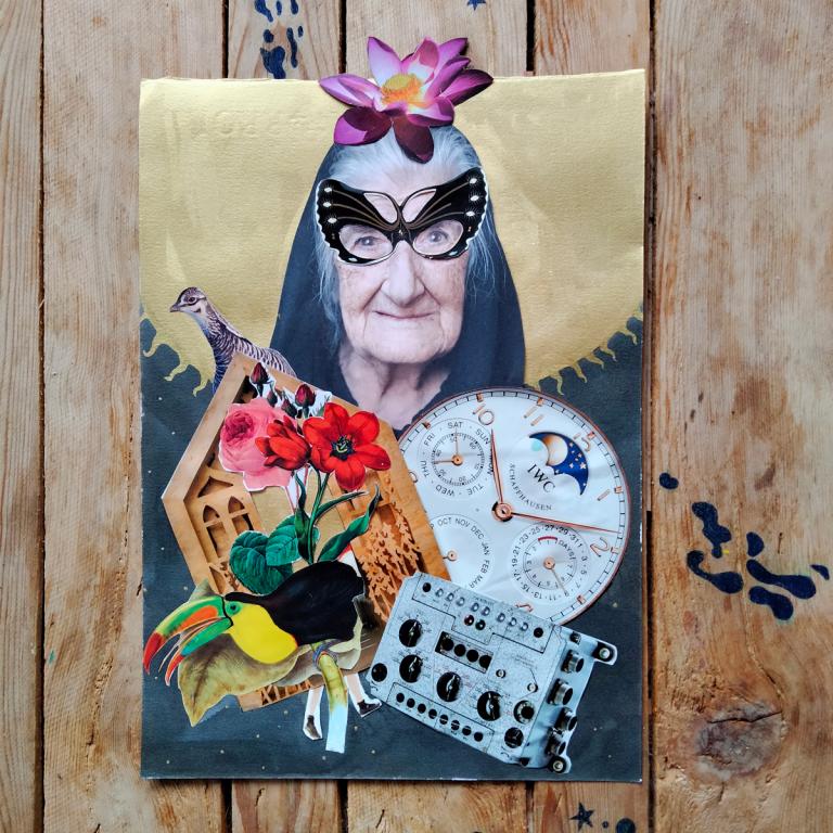 Un collage muestra a una anciana con mantilla, ojos de mariposa y reloj